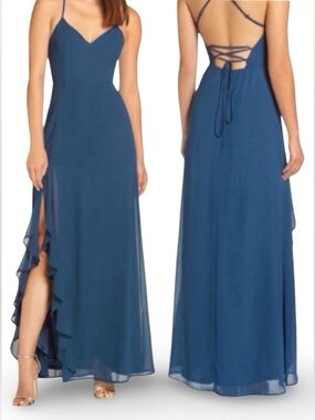 Lulu’s Luxurious Love Lace Up Maxi Dress Navy Turquoise Blue Ruffle Slit Size S